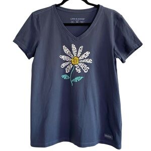Life Is Good Daisy Graphic Tee Medium Blue V Neck Positive Words Shirt